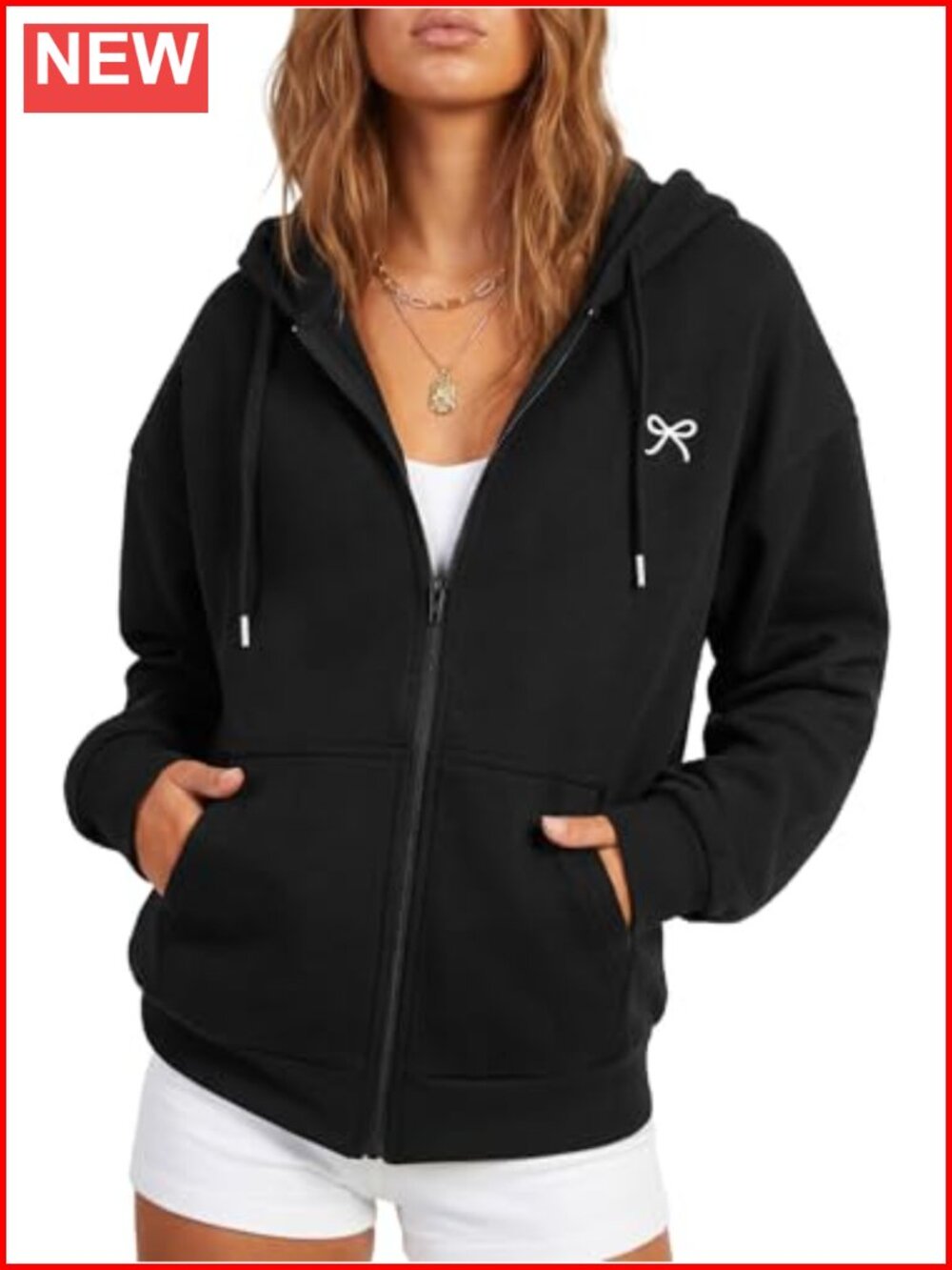 Oversized Fleece Zip Up Hoodie Bow Embroidery Drawstring Womens Sweatshirt